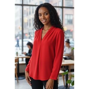 Pleione XS Red V Neck Long Sleeve Blouse‎ Business Casual Top